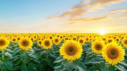 Fototapeta premium Sunflower blooming at sunrise nature field scenic landscape vibrant environment outdoor viewpoint floral beauty