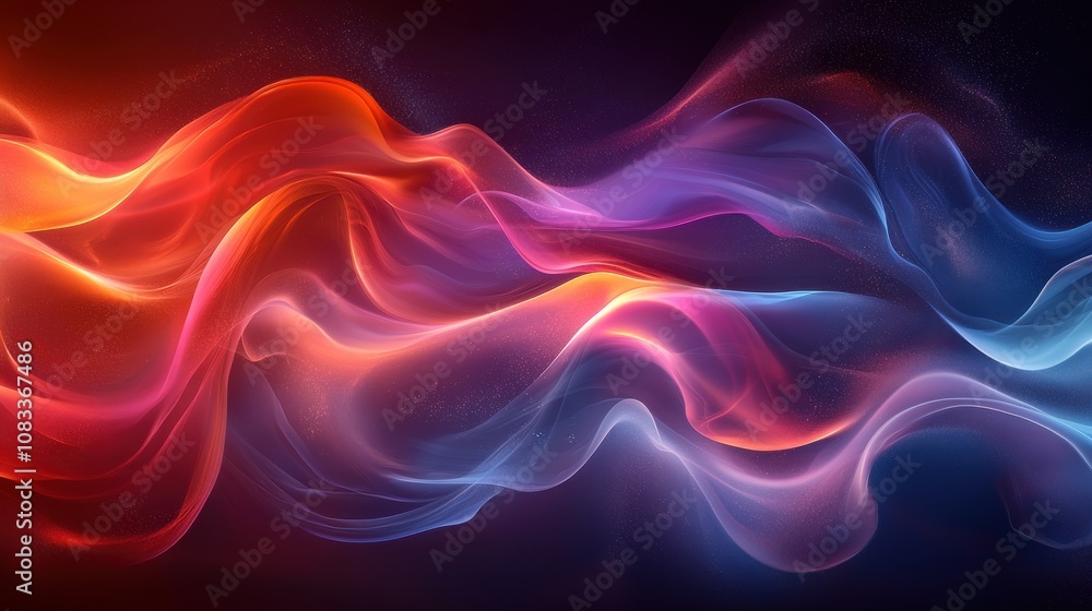 Poster colorful abstract waves of light in vibrant hues flowing smoothly across a dark background creating 