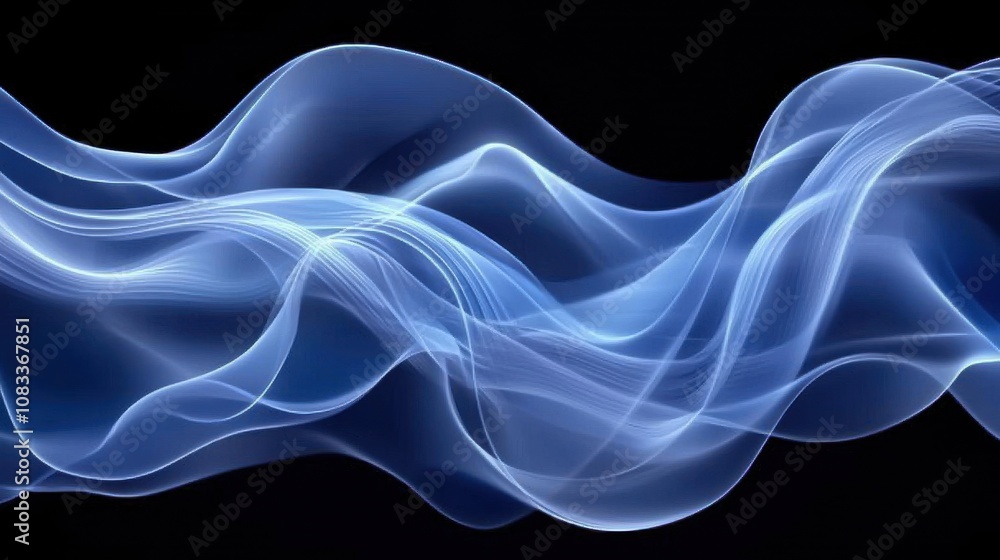 Aufkleber flowing blue waves with delicate curves illuminated against a dark background, creating a tranquil a