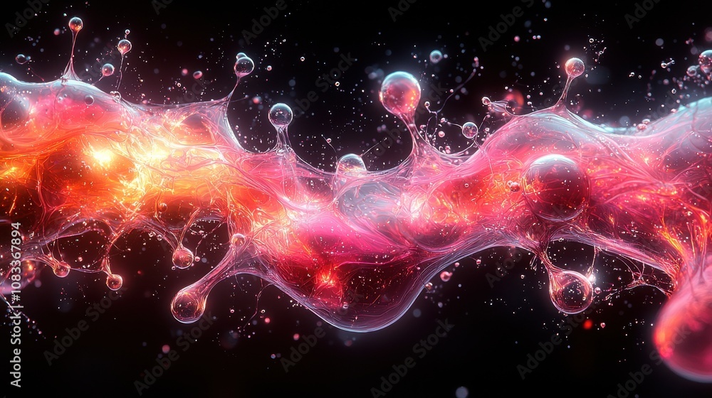 Poster vibrant abstract liquid shapes blending and swirling in colorful patterns against a dark background