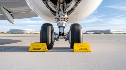 Closeup of aircraft front gear tire with yellow chocks