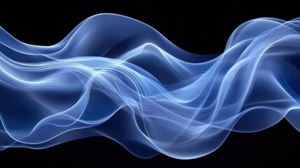 Obraz premium Flowing blue waves with delicate curves illuminated against a dark background, creating a tranquil and dynamic visual effect