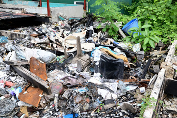 BANGKOK, THAILAND - November 15, 2024: Debris from a house after a fire caused by an electrical...