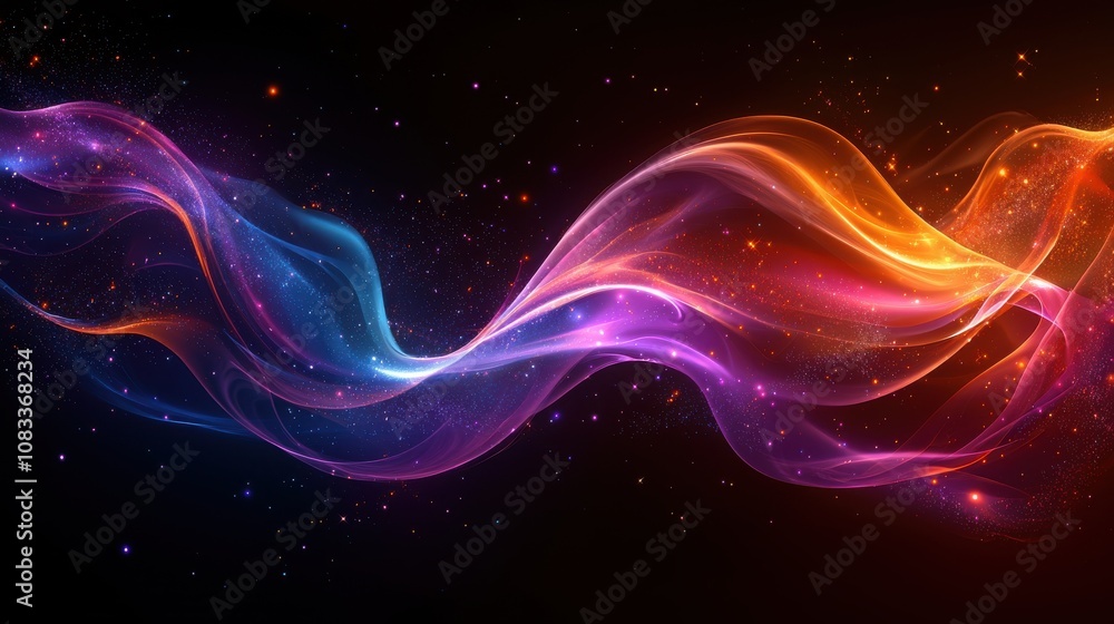 Poster colorful abstract waves of light flow gracefully against a dark background, creating a mesmerizing d