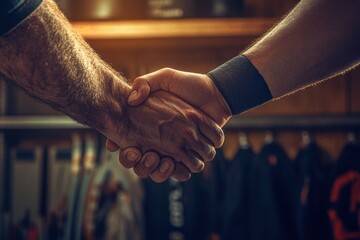 Close-up of Two Hands Shaking in a Locker Room with Athletic Gear in the Background, Symbolizing Teamwork and Collaboration in Sports Context