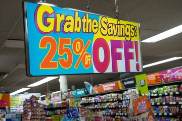 appealing discount sign designed for a convenience store, offering in striking typography. Bright colors and fun illustrations of popular items make it stand out