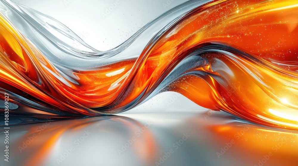 Poster flowing orange and silver liquid design creating a mesmerizing abstract pattern in bright lighting