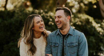 Obraz premium A couple enjoys each others company in a lush park, sharing laughter and warm smiles. Surrounded by greenery, they are relaxed and joyful, capturing a beautiful moment of connection and happiness.