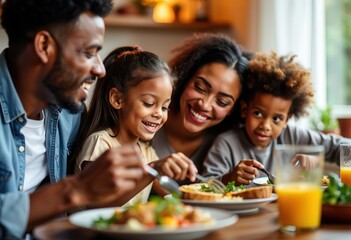 A joyful family shares a delicious meal in their inviting home, filled with laughter and love.