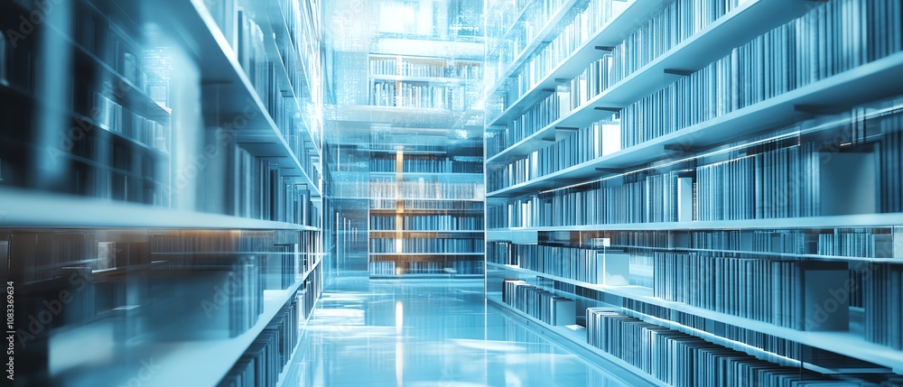 Poster a hightech library with flowing digital data streams, symbolizing the merging of cloud storage solut