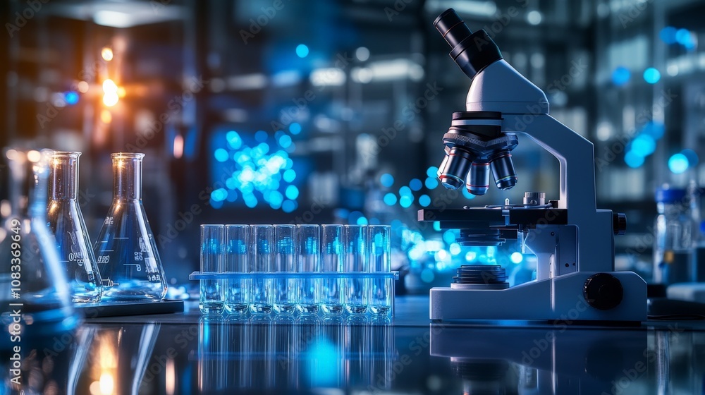 Poster laboratory setting with vials and microscope