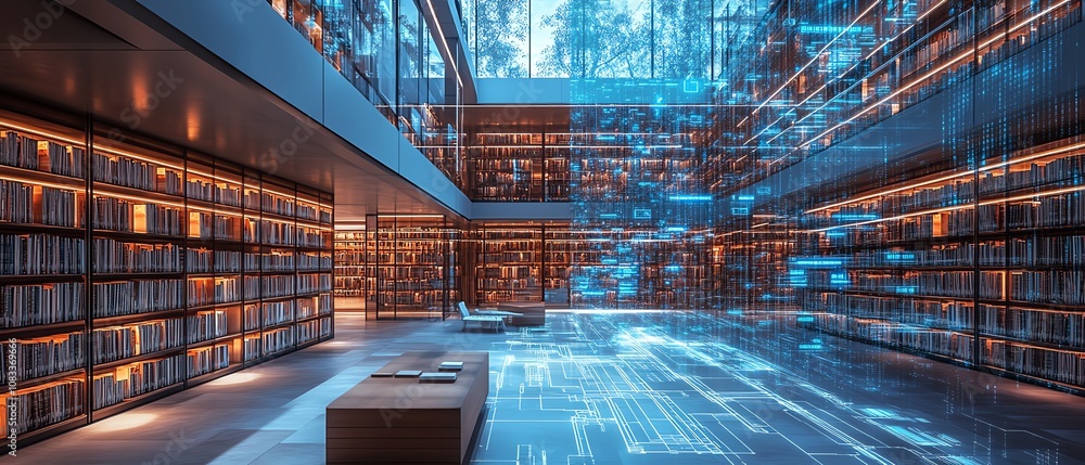 Poster a hightech library with flowing digital data streams, symbolizing the merging of cloud storage solut