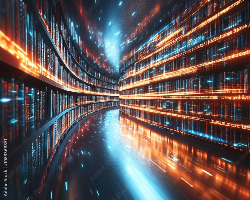 Poster abstract depiction of digital data streams moving through a modern library, symbolizing the power of