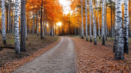 Obraz premium Autumn forest path Orange color tree red brown aspen leaves in fall city park Nature scene sunset fog Woods in scenic garden Bright light sun sky Sunrise of a sunny day morning calm sunlight view