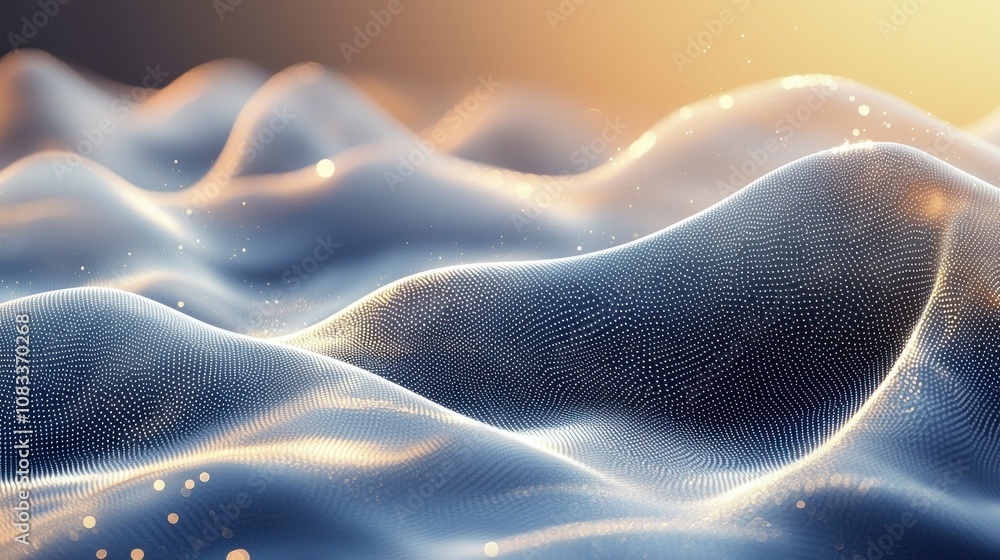 Poster flowing abstract waves with shimmering texture illuminated by warm sunlight in a tranquil environmen