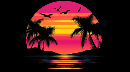 Obraz premium Colorful sunset over a tranquil ocean with palm trees and flying birds at the beach