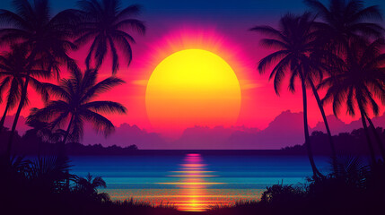 Fototapeta premium Beautiful sunset over a tranquil beach with palm trees in a tropical paradise
