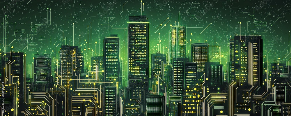 Poster circuit board with elements resembling skyscrapers, roads, and data connections, symbolizing smart c