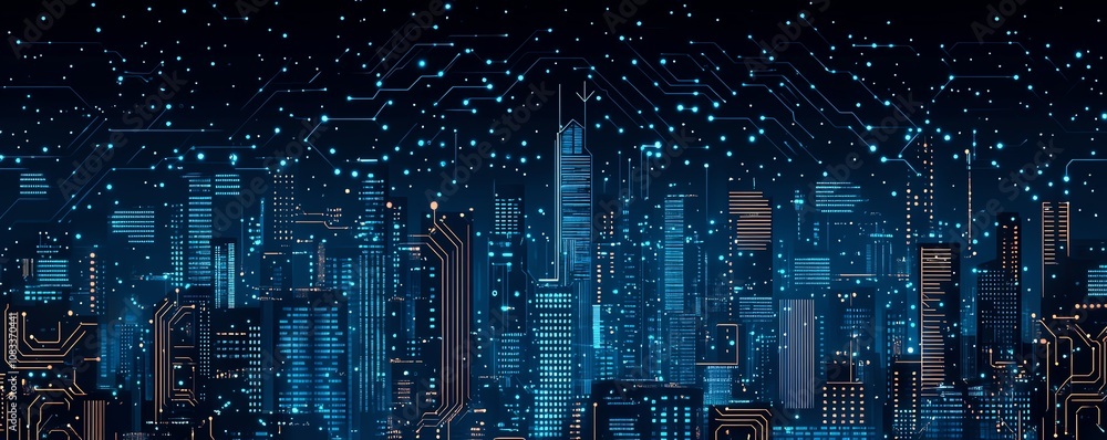 Poster circuit board with elements resembling skyscrapers, roads, and data connections, symbolizing smart c
