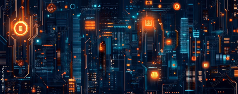 Poster circuit board with elements resembling skyscrapers, roads, and data connections, symbolizing smart c