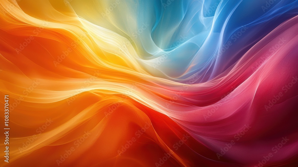 Poster vibrant abstract waves of color flowing through a smooth gradient from orange to blue, creating a me