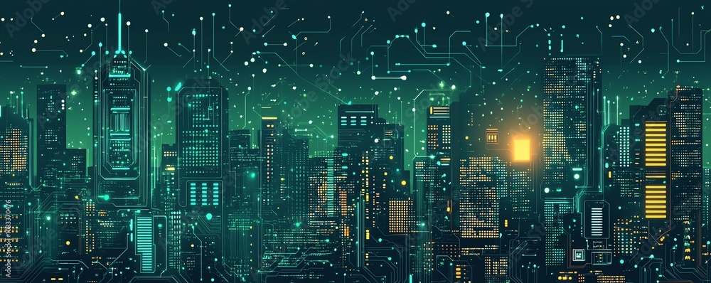 Poster circuit board with elements resembling skyscrapers, roads, and data connections, symbolizing smart c