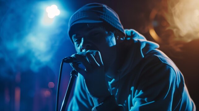 Mid-performance shot of a beatboxer in action