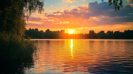 Beautiful sunset reflecting on calm lake surrounded by trees near a peaceful shoreline