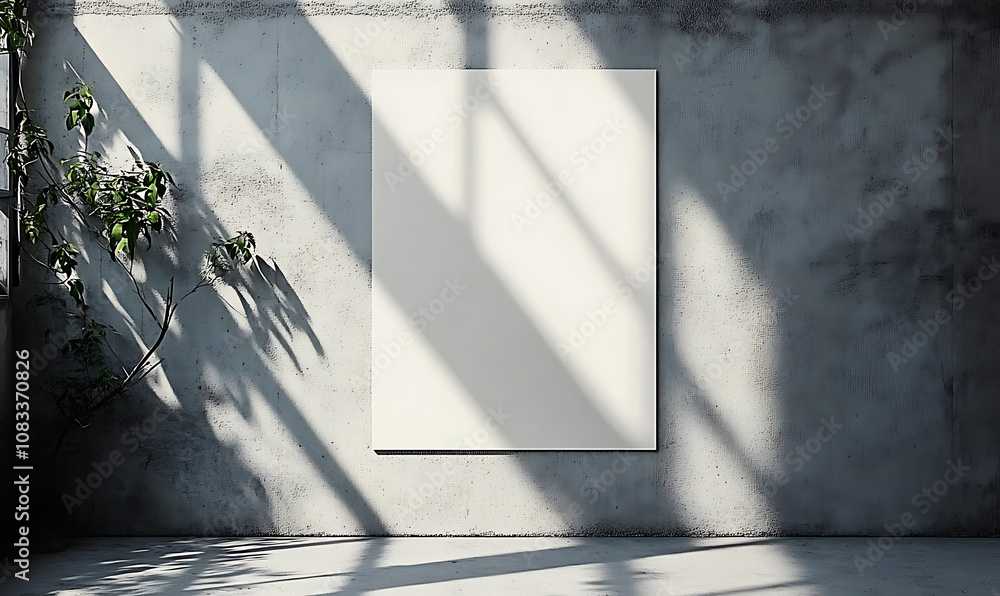 Poster typical vertical white rectangle poster mockup with diagonal window shadow on smooth gray concrete w