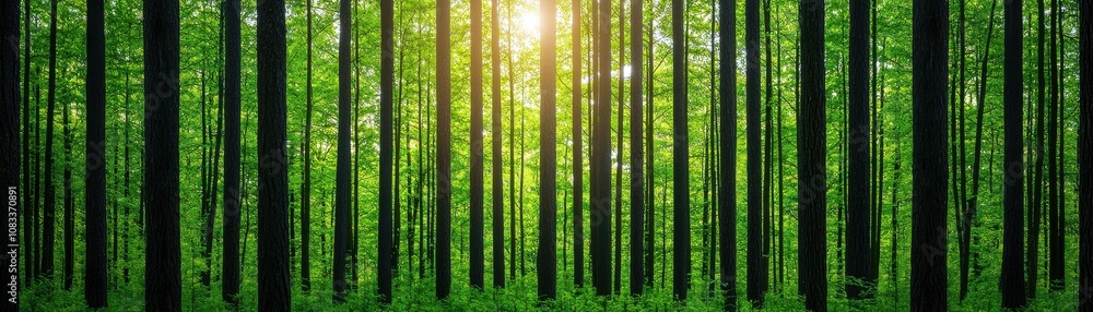 Poster lush green forest with tall trees, illuminated by sunlight filtering through the canopy, creating a 