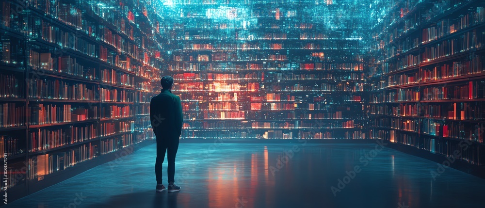 Poster futuristic digital library with glowing data streams, symbolizing the shift towards cloud storage an