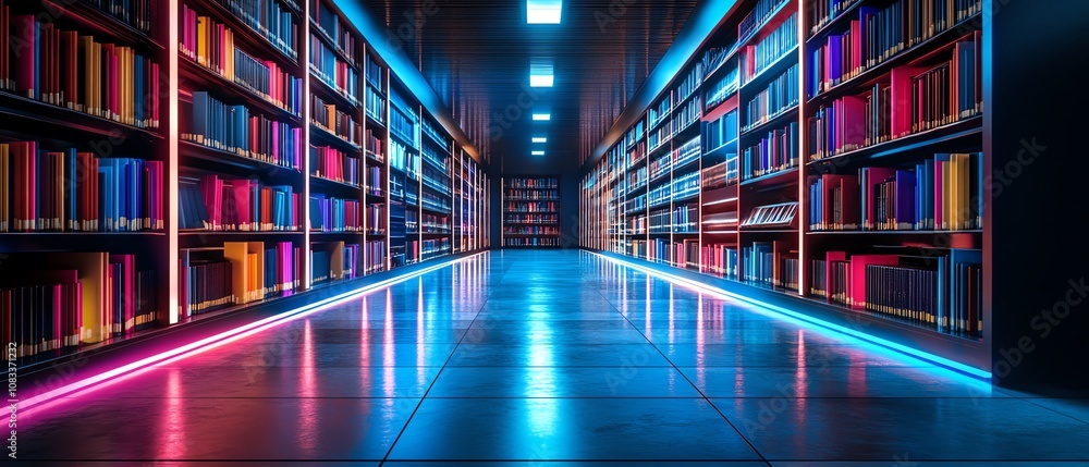 Poster futuristic digital library with glowing data streams, symbolizing the shift towards cloud storage an