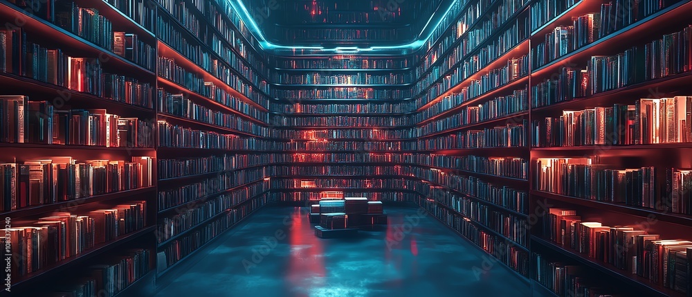Poster futuristic digital library with glowing data streams, symbolizing the shift towards cloud storage an