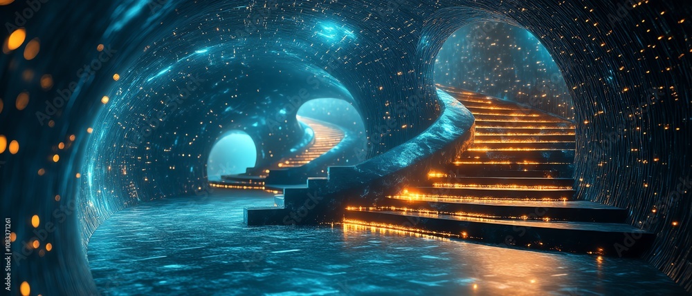 Poster futuristic digital library with glowing data streams, symbolizing the shift towards cloud storage an