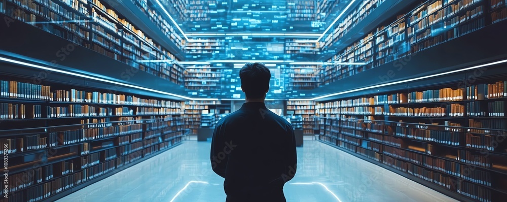 Poster futuristic library filled with digital data streams, representing cloud storage and the ongoing revo