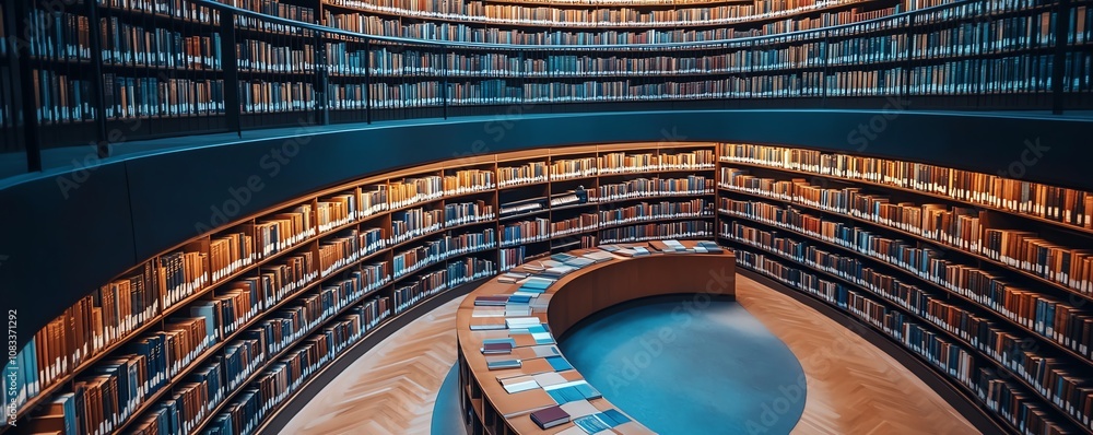 Poster futuristic library filled with digital data streams, representing cloud storage and the ongoing revo