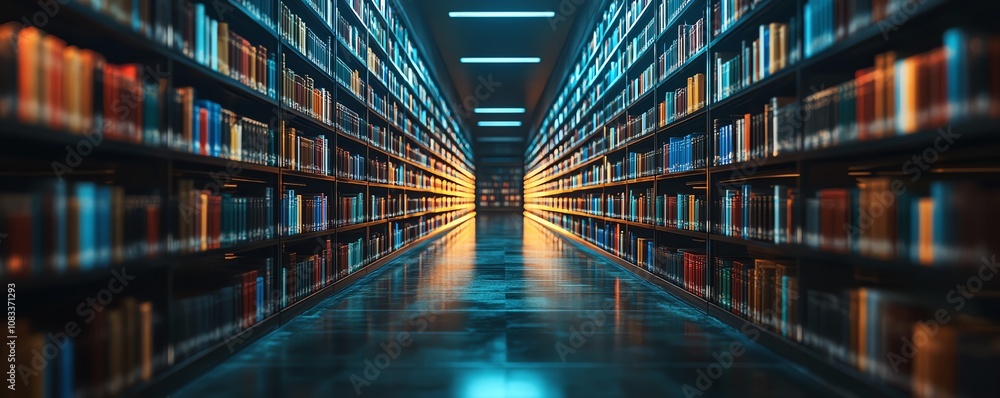 Poster futuristic library filled with digital data streams, representing cloud storage and the ongoing revo