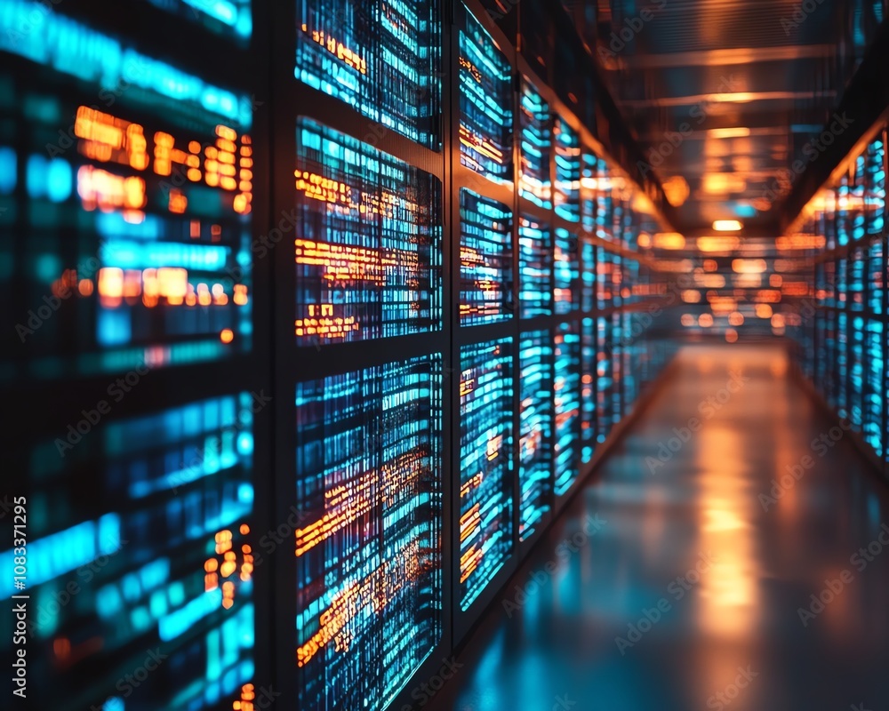 Poster futuristic library with glowing digital data streams, representing the seamless integration of cloud