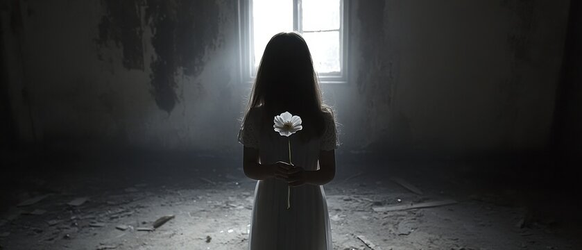 A silhouette of a girl holding a white flower stands in a dimly lit, abandoned room, evoking a sense of mystery and solitude.