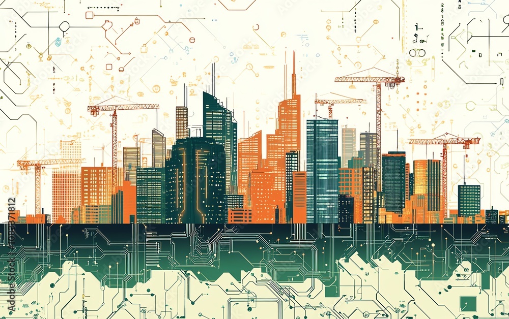 Poster smart city data integration visualized through a circuit board cityscape with skyscrapers, cranes, a