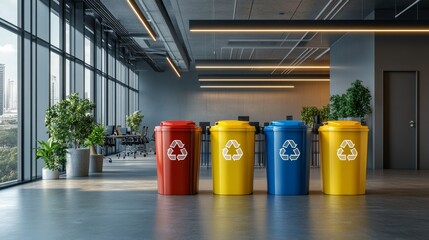 A modern office space featuring colorful recycling bins (red, yellow, blue) and green plants, promoting eco-friendly waste management solutions.