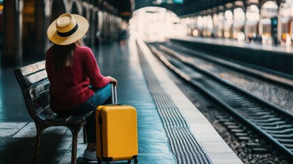 A traveler waits at a train station, seated on a bench with a yellow suitcase beside her, wearing a wide-brimmed hat, caught in a moment of anticipation.