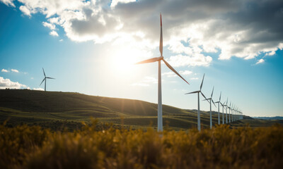 Obraz premium scenic view of wind farm with turbines against bright sky, showcasing renewable energy and nature beauty. landscape is lush and green, creating serene atmosphere