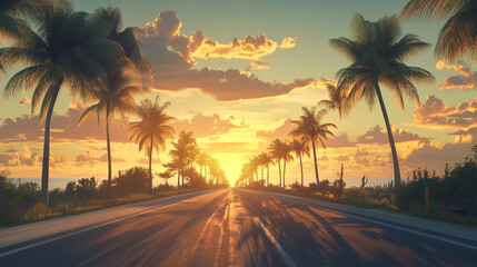 A tranquil sunset view along a palm tree lined road by the coast in a tropical paradise