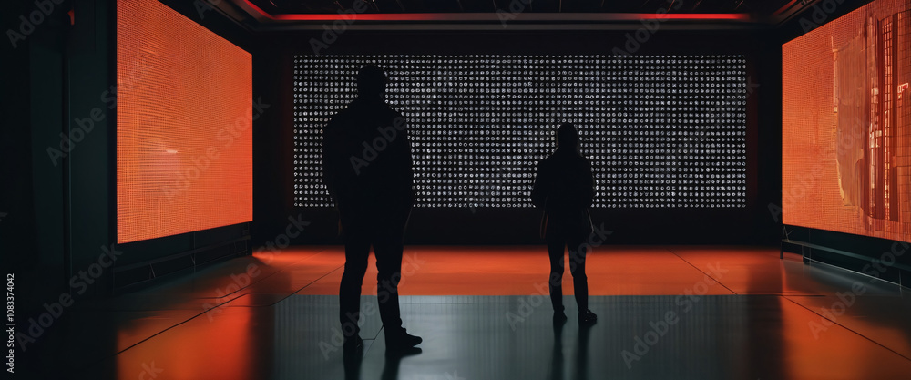 Poster cybersecurity enigma: silhouetted figures stand before a wall of scrolling code, bathed in ominous r