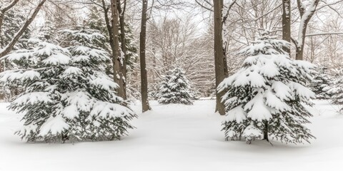 A serene winter landscape featuring snow-covered trees in a tranquil forest setting.