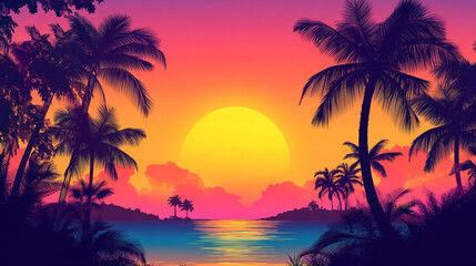 Fototapeta premium Beautiful tropical sunset with palm trees and water reflection on a serene beach landscape
