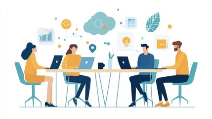 Team Collaboration on Project with Brainstorming Ideas and Strategies Around a Table with Laptops