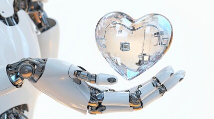 AI robot handing over a hologram heart. Representing love, romance and technology