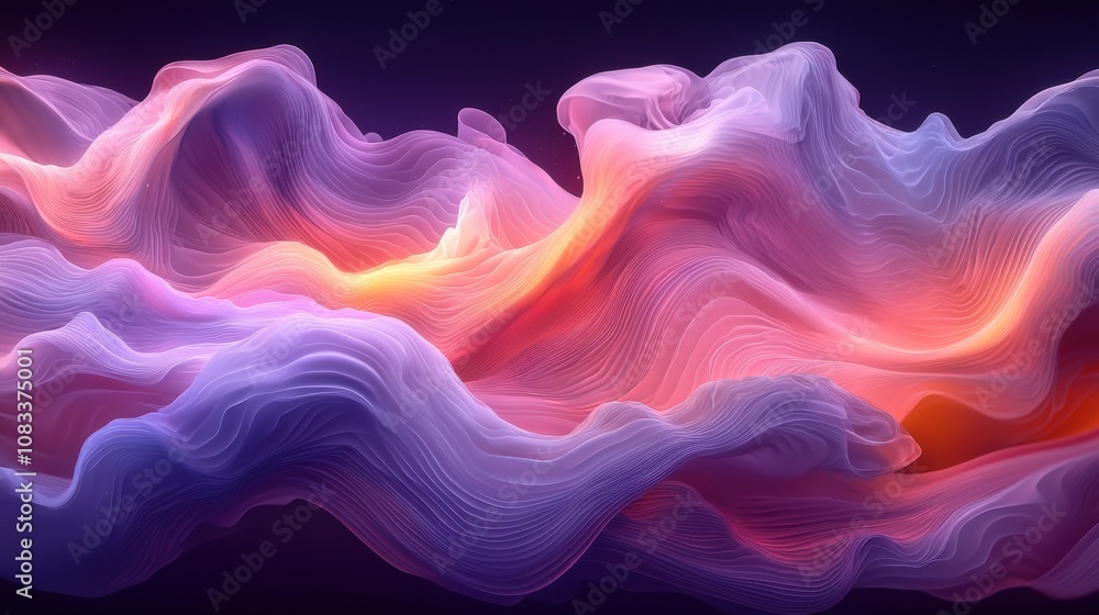 Poster dynamic abstract waves in vibrant hues showcasing fluid motion and evolving patterns in a digital ar